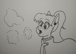 Size: 2048x1467 | Tagged: safe, artist:pony quarantine, oc, oc only, oc:bo, earth pony, pony, breath, cloak, clothes, eye clipping through hair, female, freckles, grayscale, mare, monochrome, open mouth, solo, traditional art