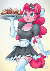 Size: 955x1351 | Tagged: safe, artist:mysticalpha, pinkie pie, earth pony, anthro, g4, apron, choker, clothes, evening gloves, garter belt, gloves, long gloves, maid, maid headdress, mushroom, open mouth, open smile, smiling, solo, stockings, thigh highs, tray, waitress