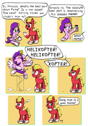 Size: 1738x2464 | Tagged: safe, artist:ebbysharp, pipp petals, sprout cloverleaf, earth pony, pegasus, pony, g5, bosnian, bracelet, cellphone, female, flying, german, helicopter, jewelry, male, mare, meme, phone, spinning, stallion