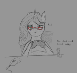 Size: 1000x950 | Tagged: safe, artist:stray prey, oc, oc only, oc:inkwell, oc:lucent, pony, unicorn, computer mouse, controller, dialogue, glasses, partial color