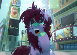 Size: 3500x2500 | Tagged: safe, artist:medkit, oc, oc only, kirin, pony, big eyes, blue sky, city, complex background, day, ear fluff, eyes open, female, fluffy, halfbody, high res, hoof over mouth, horn, horseshoes, looking up, manehattan, mare, open mouth, paint tool sai 2, raised eyebrows, raised hoof, short mane, sky, solo, standing, sun, tail, teeth, wondering