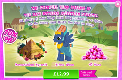 Size: 1957x1295 | Tagged: safe, gameloft, prince hisan, pegasus, pony, g4, my little pony: magic princess, official, advertisement, blue coat, blue fur, bucket, bush, clothes, costs real money, egyptian, egyptian headdress, egyptian pony, english, fake beard, gem, house, introduction card, male, mobile game, numbers, orange mane, orange tail, palm tree, pyramid, sale, see-through, short tail, solo, spread wings, stallion, tail, text, tree, vase, wings