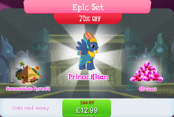 Size: 1266x855 | Tagged: safe, gameloft, prince hisan, pegasus, pony, g4, my little pony: magic princess, official, blue coat, blue fur, bucket, bundle, bush, clothes, costs real money, egyptian, egyptian headdress, egyptian pony, english, epic set, fake beard, gem, male, mobile game, numbers, orange mane, orange tail, palm tree, pyramid, sale, see-through, short tail, solo, spread wings, stallion, statue, tail, text, tree, vase, wings