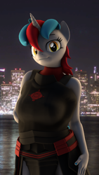 Size: 2160x3840 | Tagged: artist needed, safe, oc, oc:audina puzzle, unicorn, anthro, 3d, anthro oc, city, cityscape, clothes, costume, high res, night, outfit, solo, source filmmaker