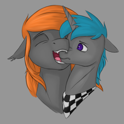 Size: 1500x1500 | Tagged: safe, artist:stray prey, oc, oc only, oc:flare, oc:lucent, bat pony, pony, unicorn, bat pony oc, biting, bust, fangs, female, gray background, male, mother and child, mother and son, muzzle grab, nom, portrait, simple background, this will end in pain