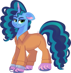 Size: 3927x4063 | Tagged: safe, artist:fizzlefer, misty brightdawn, pony, unicorn, g5, clothes, cuffs, grumpy, jumpsuit, never doubt rainbowdash69's involvement, prison outfit, prisoner, prisoner misty, shackles, simple background, solo, transparent background