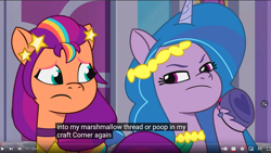 Size: 1483x837 | Tagged: safe, edit, edited screencap, screencap, izzy moonbow, sunny starscout, earth pony, pony, unicorn, baby critters, g5, my little pony: tell your tale, spoiler:tyts01e32, caption, female, foreshadowing, mane stripe sunny, mare, meme, youtube caption