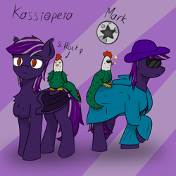 Size: 2953x2953 | Tagged: safe, artist:thatsbadboi, oc, oc:cassiopeia, bat pony, cockatrice, bat pony oc, concept art, cutie mark, fangs, glasses, high res, mantle, pet, purple background, simple background, wings