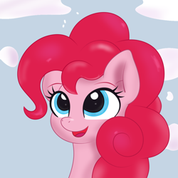 Size: 1024x1024 | Tagged: safe, ai assisted, ai content, artist:sparkfler85, generator:thisponydoesnotexist, part of a set, pinkie pie, earth pony, pony, g4, ai interpretation, bust, cloud, cute, female, happy, mare, open mouth, open smile, portrait, redraw, reference in the description, sky, sky background, smiling, solo