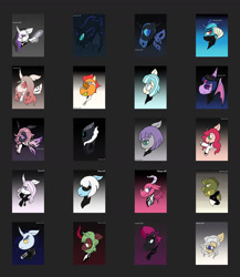 Size: 1620x1864 | Tagged: safe, artist:enperry88, alizarin bubblegum, ballista, cinder glow, coco pommel, fleur-de-lis, maud pie, mayor mare, nightmare moon, photo finish, princess celestia, princess ember, princess luna, rex, summer flare, tempest shadow, twilight sparkle, oc, oc only, oc:calliphora, oc:myxine, oc:sizzle, alicorn, changedling, changeling, changeling queen, dark changedling, dragon, kirin, pony, storm creature, unicorn, yeti, flurry heart's story, series:kensatober, series:mlp x toni kensa, g4, my little pony: the movie, arm on hip, armor, black splatter, blue background, bolero jacket, bomber jacket, brown background, changelingified, clothes, collaboration, colored wings, cream background, crossover, curved horn, dark color, dark gray background, dragon armor, dragoness, dragonified, face visor, female, gradient background, gradient wings, gray background, grayscale, hoodie, horn, jacket, kensatober, light blue background, looking at you, lunadragon, male, monochrome, moonlight, navy background, peach background, pink background, simple background, species swap, splatoon, splatoon 3, storm guard, super dragon warriors, sweater, toni kensa, vest, visor, white background, white splatter, wings