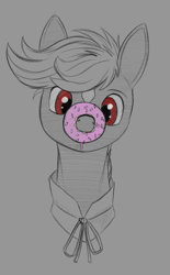 Size: 650x1050 | Tagged: safe, artist:stray prey, oc, oc only, oc:cherry cordial, earth pony, pony, donut, donutsnootle, food, partial color, solo