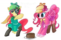 Size: 1800x1180 | Tagged: safe, artist:solid shrimp, fluttershy, pinkie pie, earth pony, pegasus, pony, g4, boots, cake, clothes, crossover, cute, detective, diapinkes, dress, female, food, hat, hercule barton, magnifying glass, mare, sherlock shellingford, shoes, shyabetes, simple background, tantei opera milky holmes, tights, wing hands, wings