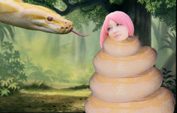 Size: 900x576 | Tagged: safe, artist:melodious-angel, edit, fluttershy, human, python, snake, g4, barely pony related, clothes, coils, cosplay, costume, forest, forked tongue, irl, irl human, jungle, photo, squeeze, wat, wrapped up