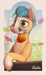 Size: 2611x4263 | Tagged: safe, artist:uliovka, hitch trailblazer, earth pony, pony, g5, catrina (calavera garbancera), cempasúchil, dia de los muertos, flower, male, solo, stallion