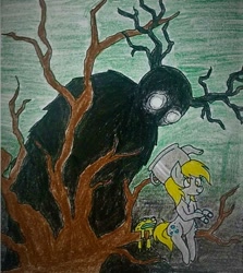 Size: 869x974 | Tagged: safe, artist:mintytreble, derpy hooves, frog, pegasus, pony, mlp fim's twelfth anniversary, g4, antlers, crossover, explorer, glowing, glowing eyes, horror, kettle, monster, over the garden wall, silhouette, the beast, traditional art, tree