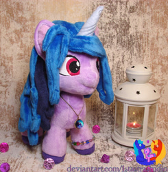 Size: 2260x2304 | Tagged: safe, artist:1stastrastudio, izzy moonbow, pony, unicorn, g5, bracelet, chibi, colored hooves, female, high res, horn, irl, jewelry, lantern, mare, necklace, photo, plushie, solo, standing
