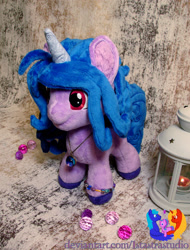 Size: 2071x2731 | Tagged: safe, artist:1stastrastudio, izzy moonbow, pony, unicorn, g5, bracelet, chibi, colored hooves, female, high res, horn, irl, jewelry, lantern, mare, necklace, photo, plushie, solo, standing