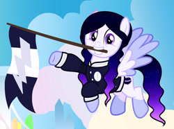 Size: 1280x953 | Tagged: safe, artist:cindystarlight, artist:katnekobase, oc, oc:night light star, pegasus, pony, base used, female, flag, mare, mouth hold, solo, varsity jacket