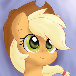 Size: 1024x1024 | Tagged: safe, ai assisted, ai content, artist:sparkfler85, generator:thisponydoesnotexist, part of a set, applejack, earth pony, pony, g4, abstract background, ai interpretation, applejack's hat, bust, cowboy hat, cute, female, freckles, hat, jackabetes, looking away, mare, portrait, redraw, reference in the description, simple background, smiling, solo
