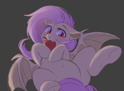 Size: 1132x828 | Tagged: safe, artist:higgly-chan, fluttershy, bat pony, pegasus, apple, bat ears, bat eyes, bat ponified, bat wings, belly, belly button, biting, blushing, cute, eating, fangs, floppy ears, flutterbat, food, herbivore, looking at you, lying down, nom, on back, plump, race swap, red eyes, shyabetes, solo, wings