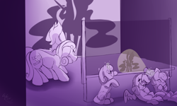 Size: 2500x1500 | Tagged: safe, artist:starcasteclipse, apple bloom, bon bon, lyra heartstrings, scootaloo, sweetie belle, sweetie drops, earth pony, pegasus, pony, unicorn, g4, cutie mark crusaders, female, filly, flashlight (object), foal, levitation, magic, mare, palindrome get, partial color, prank, shadow puppets, signature, stifling laughter, telekinesis