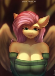 Size: 1750x2430 | Tagged: safe, artist:delta hronum, fluttershy, pegasus, anthro, g4, big breasts, breasts, bust, busty fluttershy, cleavage, clothes, female, lips, lipstick, looking at you, mare, off shoulder, off shoulder sweater, solo, stupid sexy fluttershy, sweater, tree