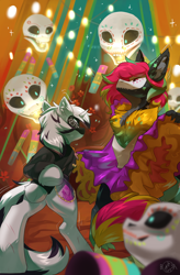 Size: 2018x3067 | Tagged: safe, artist:beardie, oc, oc:season's greetings, oc:yiazmat, draconequus, unicorn, semi-anthro, arm hooves, calavera (skull), chest fluff, clothes, costume, couple, dancing, dia de los muertos, draconequus oc, dress, female, flower, high res, horn, horns, lights, makeup, male, shipping, skull, tree, unicorn oc