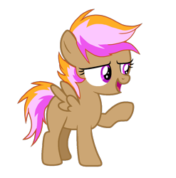 Size: 3033x3072 | Tagged: safe, artist:taeko, oc, oc:sparky speed, pegasus, pony, 2022, beige fur, colored, female, filly, flat colors, foal, high res, looking offscreen, magical lesbian spawn, multicolored mane, multicolored tail, no source, offspring, open mouth, parent:rainbow dash, parent:scootaloo, parents:scootadash, pegasus oc, purple eyes, raised hoof, simple background, solo, spread wings, tail, transparent background, wings