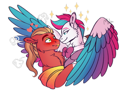 Size: 3017x2237 | Tagged: safe, artist:malinraf1615, sprout cloverleaf, zipp storm, earth pony, pegasus, pony, g5, bowtie, butch, chest fluff, crossdressing, duo, ear piercing, earring, eyeshadow, female, femboy, heart, high res, jewelry, kiss mark, lipstick, makeup, male, mare, piercing, ship:cloverstorm, shipping, simple background, stallion, stars, straight, tomboy, transparent background
