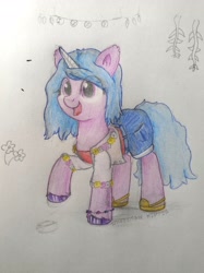 Size: 2914x3886 | Tagged: safe, artist:syndyfon, izzy moonbow, pony, unicorn, g5, clothes, high res, hippie, solo, traditional art