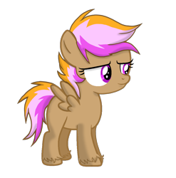 Size: 3033x3072 | Tagged: safe, artist:taeko, oc, oc only, oc:sparky speed, pegasus, pony, 2022, beige fur, female, filly, foal, high res, hoof fluff, looking sideways, magical lesbian spawn, multicolored mane, multicolored tail, no source, offspring, parent:rainbow dash, parent:scootaloo, parents:scootadash, purple eyes, shading, simple background, smiling, solo, spread wings, tail, transparent background, wings
