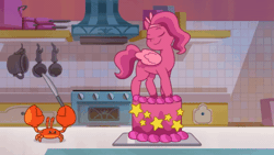 Size: 520x293 | Tagged: safe, screencap, mcsnips-a-lot, pipp petals, crab, pegasus, pony, baby critters, g5, my little pony: tell your tale, spoiler:tyts01e32, animated, cake, female, food, gif, knife, mare, solo