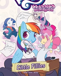 Size: 1080x1349 | Tagged: safe, idw, accord, fluttershy, rainbow dash, rarity, twilight sparkle, alicorn, pony, g4, my little pony classics reimagined: little fillies, clothes, cover art, dress, facial hair, little women, moustache, my little pony logo, quill, quill pen, suit, twilight sparkle (alicorn)
