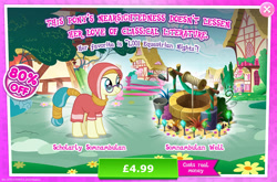 Size: 1960x1295 | Tagged: safe, gameloft, desert flower, earth pony, pony, g4, advertisement, background pony, blue tail, bucket, bush, clothes, costs real money, egyptian, egyptian pony, female, glasses, hood, introduction card, mare, sale, solo, somnambula resident, tail, tree, well