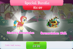 Size: 1266x854 | Tagged: safe, gameloft, desert flower, earth pony, pony, g4, background pony, blue tail, bucket, bundle, bush, clothes, costs real money, egyptian, egyptian pony, female, glasses, hood, mare, sale, scholarly somnambulan, solo, somnambula resident, special bundle, tail, tree, well