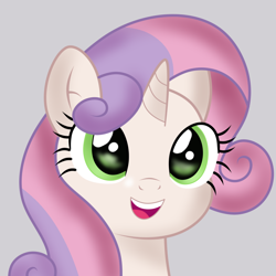 Size: 1024x1024 | Tagged: safe, ai assisted, ai content, artist:sparkfler85, generator:thisponydoesnotexist, part of a set, sweetie belle, pony, unicorn, g4, ai interpretation, bust, cute, female, gray background, looking at you, older, older sweetie belle, open mouth, open smile, portrait, redraw, reference in the description, simple background, smiling, smiling at you, solo