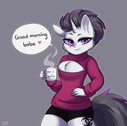 Size: 2200x2187 | Tagged: safe, artist:alunedoodle, oc, oc:haze rad, unicorn, anthro, cheek fluff, chest fluff, clothes, coffee, coffee mug, commission, crossdressing, femboy, high res, implied gay, keyhole turtleneck, looking at you, male, mug, shorts, smiling, smiling at you, smirk, solo, sweater, tail, turtleneck, two toned hair, two toned mane, two toned tail, ych result