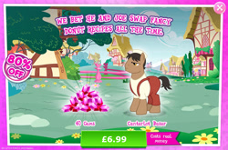 Size: 1960x1293 | Tagged: safe, gameloft, puff pastry, earth pony, pony, g4, my little pony: magic princess, advertisement, baker, brown coat, brown fur, brown mane, brown tail, clothes, costs real money, english, gem, hat, implied donut joe, introduction card, male, numbers, sale, short tail, solo, stallion, tail, text, tree
