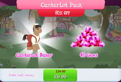 Size: 1270x861 | Tagged: safe, gameloft, puff pastry, earth pony, pony, g4, my little pony: magic princess, baker, brown coat, brown fur, brown mane, brown tail, bundle, canterlot pack, clothes, costs real money, english, gem, hat, male, numbers, sale, short tail, solo, solo focus, stallion, tail, text, tree
