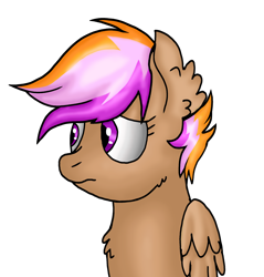 Size: 2242x2345 | Tagged: safe, artist:taeko, oc, oc only, oc:sparky speed, pegasus, pony, 2022, beige fur, cheek fluff, chest fluff, ear fluff, female, folded wings, frown, high res, looking sideways, magical lesbian spawn, mare, multicolored mane, offspring, older, parent:rainbow dash, parent:scootaloo, parents:scootadash, pegasus oc, purple eyes, shading, simple background, solo, transparent background, wings