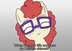 Size: 1522x1080 | Tagged: safe, artist:happy harvey, twist, earth pony, pony, g4, bronybait, bust, cute, dialogue, drawthread, eyes closed, female, filly, foal, freckles, glasses, gradient background, looking at you, phone drawing, ponified, smiling, smiling at you, solo, talking to viewer