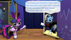 Size: 1920x1080 | Tagged: safe, artist:ask-the-luna-knight, trixie, twilight sparkle, alicorn, pony, unicorn, g4, 3d, bunny ears, bunny suit, clothes, horn, horn ring, leotard, magic suppression, magician outfit, ring, source filmmaker, text, twilight sparkle (alicorn)