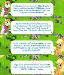 Size: 2048x2406 | Tagged: safe, gameloft, idw, angel wings, applejack, billy, buck withers, clear skies, karat, princess luna, thunderlane, earth pony, pony, g4, applejack's hat, cowboy hat, dialogue, event, game screencap, ham pony, hat, high res, idw showified, microphone