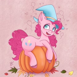 Size: 2169x2160 | Tagged: safe, artist:galaxy swirl, pinkie pie, earth pony, pony, g4, ear fluff, female, hat, high res, leaves, mare, open mouth, open smile, pumpkin, smiling, solo
