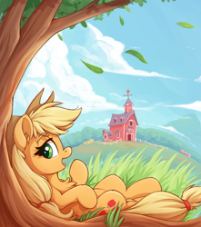 Size: 1080x1220 | Tagged: safe, alternate version, artist:zeepheru_pone, applejack, earth pony, pony, applejack's hat, aside glance, chest fluff, cloud, cowboy hat, ear fluff, falling leaves, female, full body, grass, hat, leaves, looking at you, lying down, mare, mountain, on back, open mouth, outdoors, solo, sweet apple acres, sweet apple acres barn, tree, under the tree