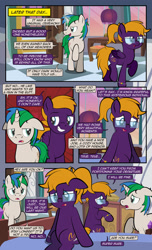 Size: 1920x3168 | Tagged: safe, artist:alexdti, oc, oc only, oc:dark purple, oc:purple creativity, oc:star logic, pegasus, pony, unicorn, comic:quest for friendship, bracelet, comic, dialogue, ears back, eye contact, female, folded wings, glasses, glowing, glowing horn, grin, high res, hooves, horn, jewelry, lidded eyes, looking at each other, looking at someone, magic, male, mare, open mouth, open smile, pegasus oc, raised eyebrow, raised hoof, raised leg, sitting, smiling, speech bubble, stallion, tail, telekinesis, two toned mane, unicorn oc, wings