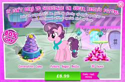 Size: 1961x1295 | Tagged: safe, gameloft, sugar belle, pony, unicorn, g4, advertisement, cake, crown, english, female, food, gem, horn, introduction card, jewelry, mare, numbers, older, older sugar belle, pink coat, pink fur, purple mane, purple tail, regalia, sale, solo, tail, text