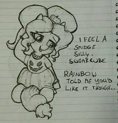 Size: 1026x1069 | Tagged: safe, artist:whiskeypanda, applejack, earth pony, pony, g4, alternate hairstyle, bashful, blushing, clothes, costume, dialogue, doodle, drawthread, dress, halloween, halloween costume, holiday, ink, ink drawing, jewelry, looking away, monochrome, necklace, open mouth, shy, sitting, skirt, solo, text, traditional art, wristband