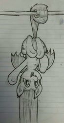 Size: 672x1280 | Tagged: safe, artist:whiskeypanda, fluttershy, bat pony, pony, g4, bat ponified, doodle, flutterbat, hanging, hanging by tail, hanging upside down, happy, ink, ink drawing, lined paper, looking at you, monochrome, open mouth, race swap, solo, traditional art, upside down, waving, waving at you