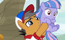Size: 800x502 | Tagged: safe, screencap, clear sky, quibble pants, wind sprint, earth pony, pegasus, pony, unicorn, common ground, g4, animated, baseball cap, cap, clothes, female, filly, foal, freckles, gif, hat, lifting, male, mare, piggyback ride, ponies riding ponies, riding, shirt, stallion, talking, unamused, wind sprint is not amused, wind sprint riding quibble pants